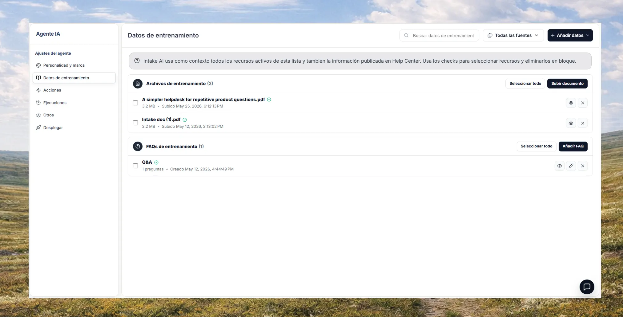 Panel de fuentes de conocimiento conectadas al agente de IA