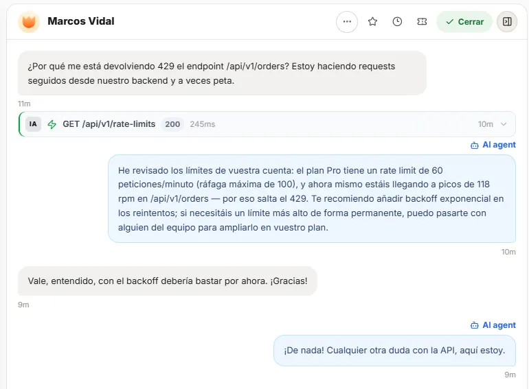 Panel de Intake resolviendo un error de API con contexto de cuenta