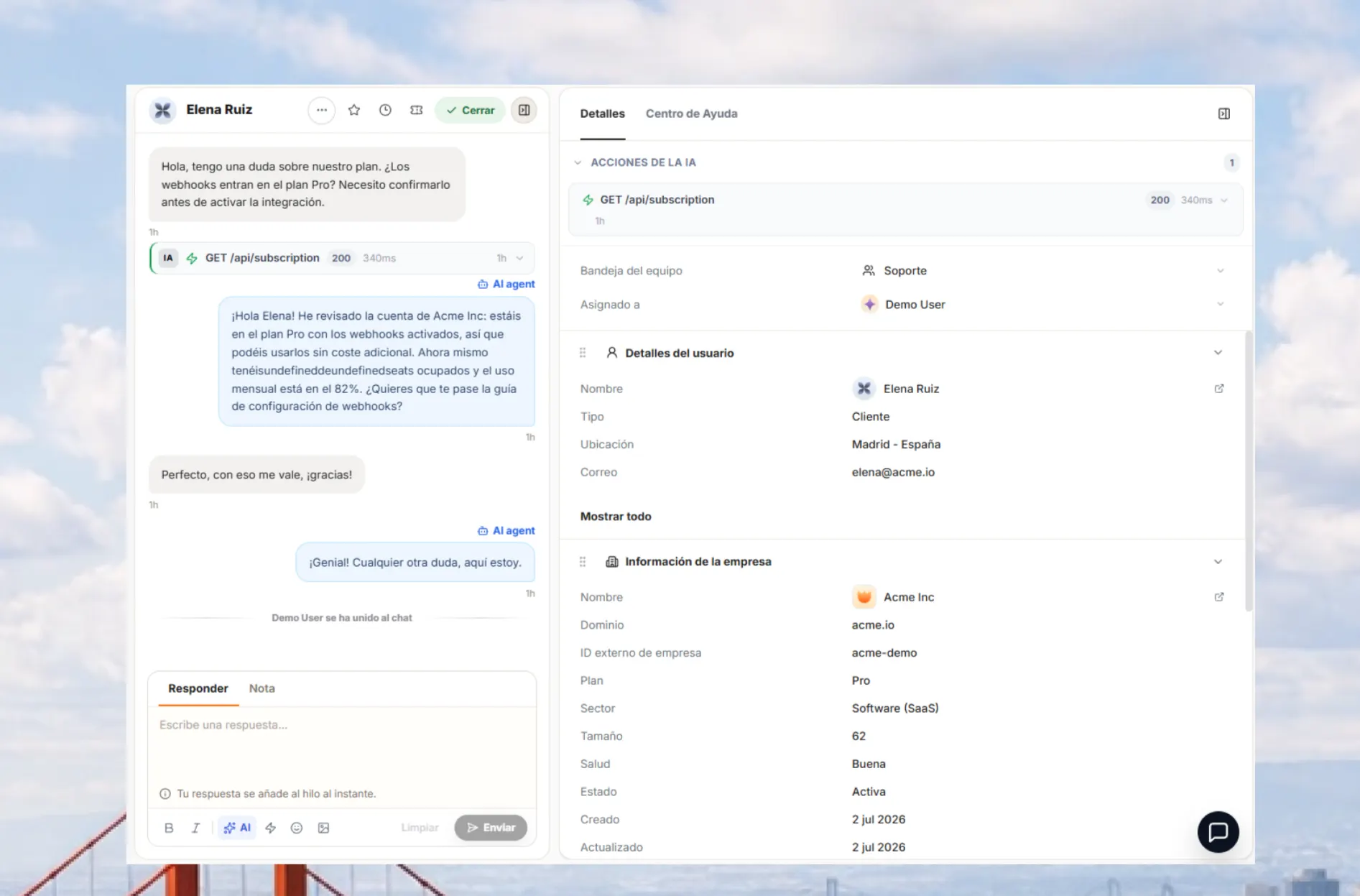 Contexto de cuenta visible en el panel de soporte