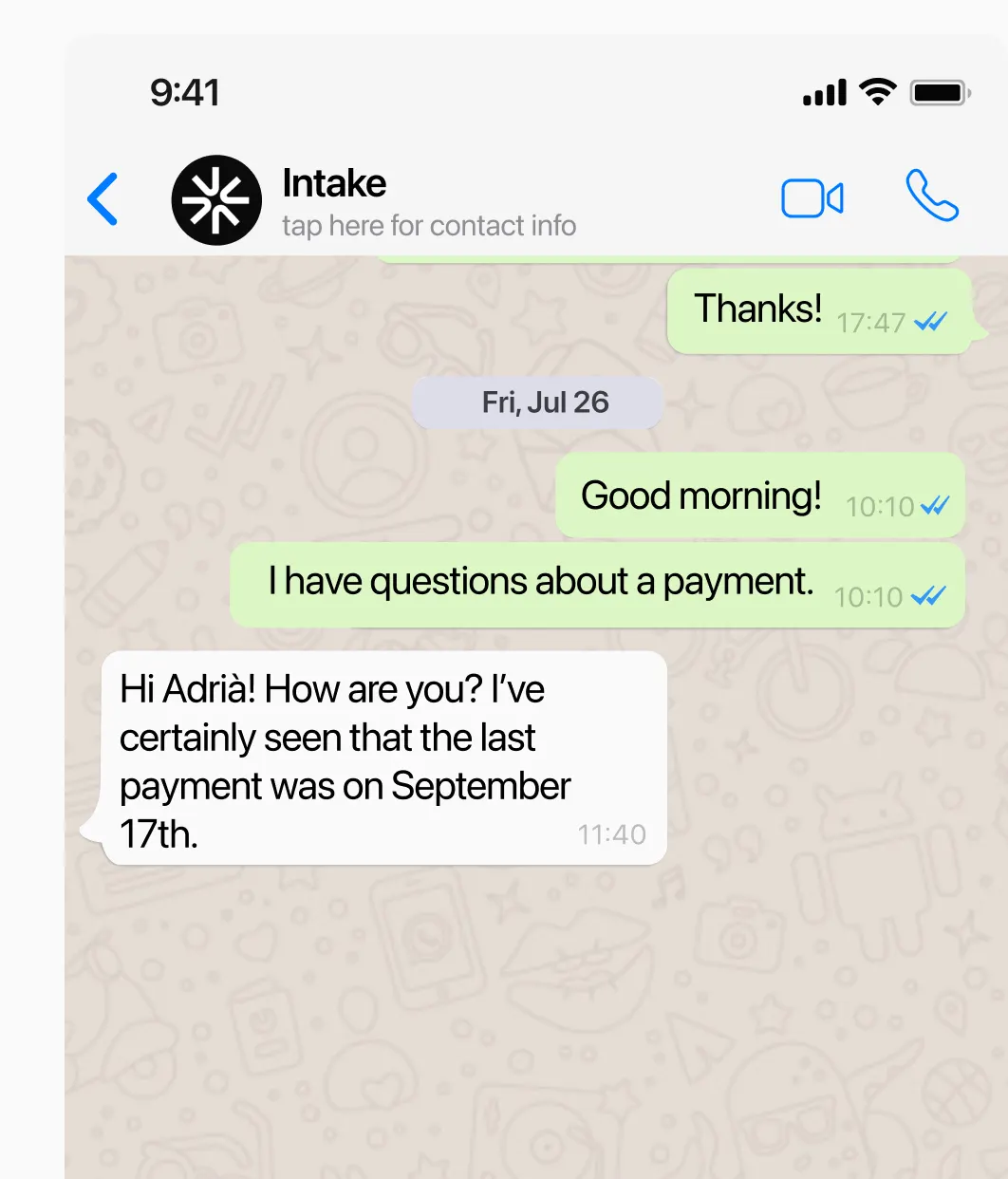 Conversación de WhatsApp con Intake